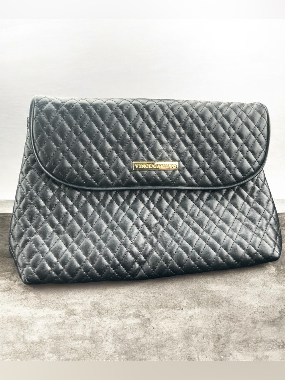 Vince Camuto Black Quilted Leather Flap Clutch with Gold Logo